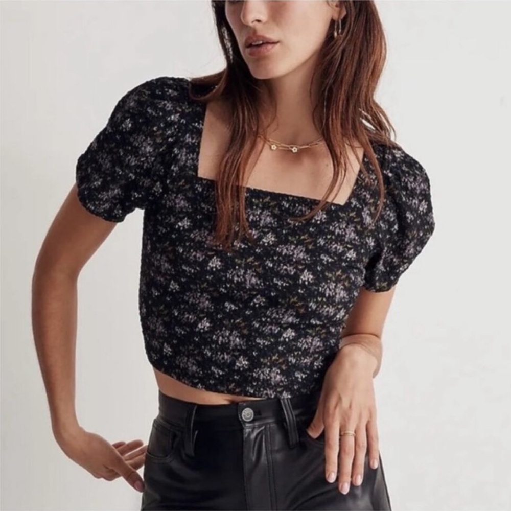 Madewell Hopewell Puff Sleeve Crop Top in Blurred Ikat